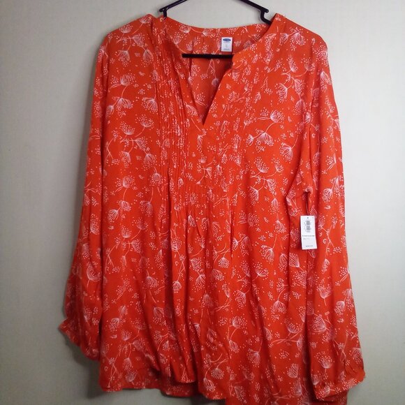 Old Navy Shirt Blouse Women XL Long Sleeve Babydoll Pattern Orange White - Picture 1 of 14